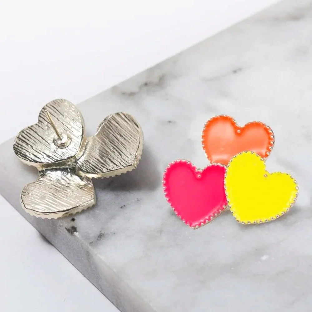 Triple Heart Earrings | Neon Pink Yellow Orange Statement